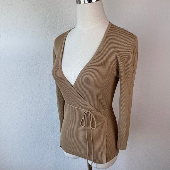 Vintage 90s Y2K Beige Wrap Top Size PS V Neck Ribbed 3/4 Sleeve - Picture 10 of 11